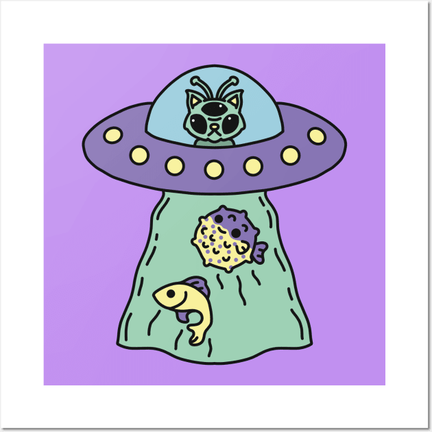 Alien Cat and Ufo Cute Design Wall Art by MelihsDump